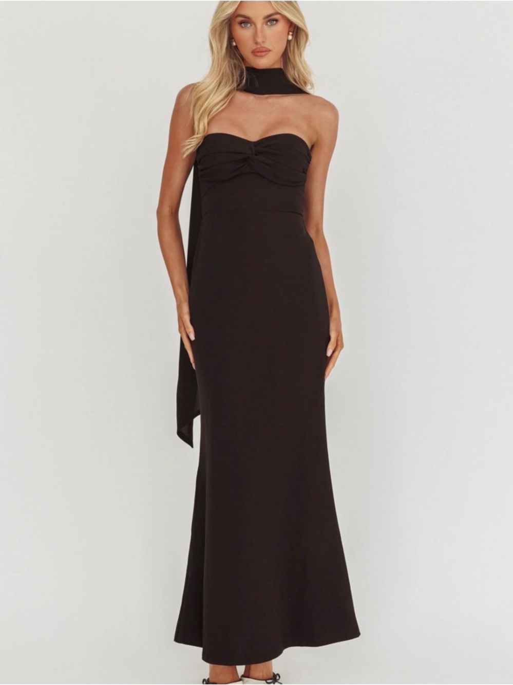 Selfie Leslie Of the Night Twist black Strapless Maxi Gown with Neck Scarf